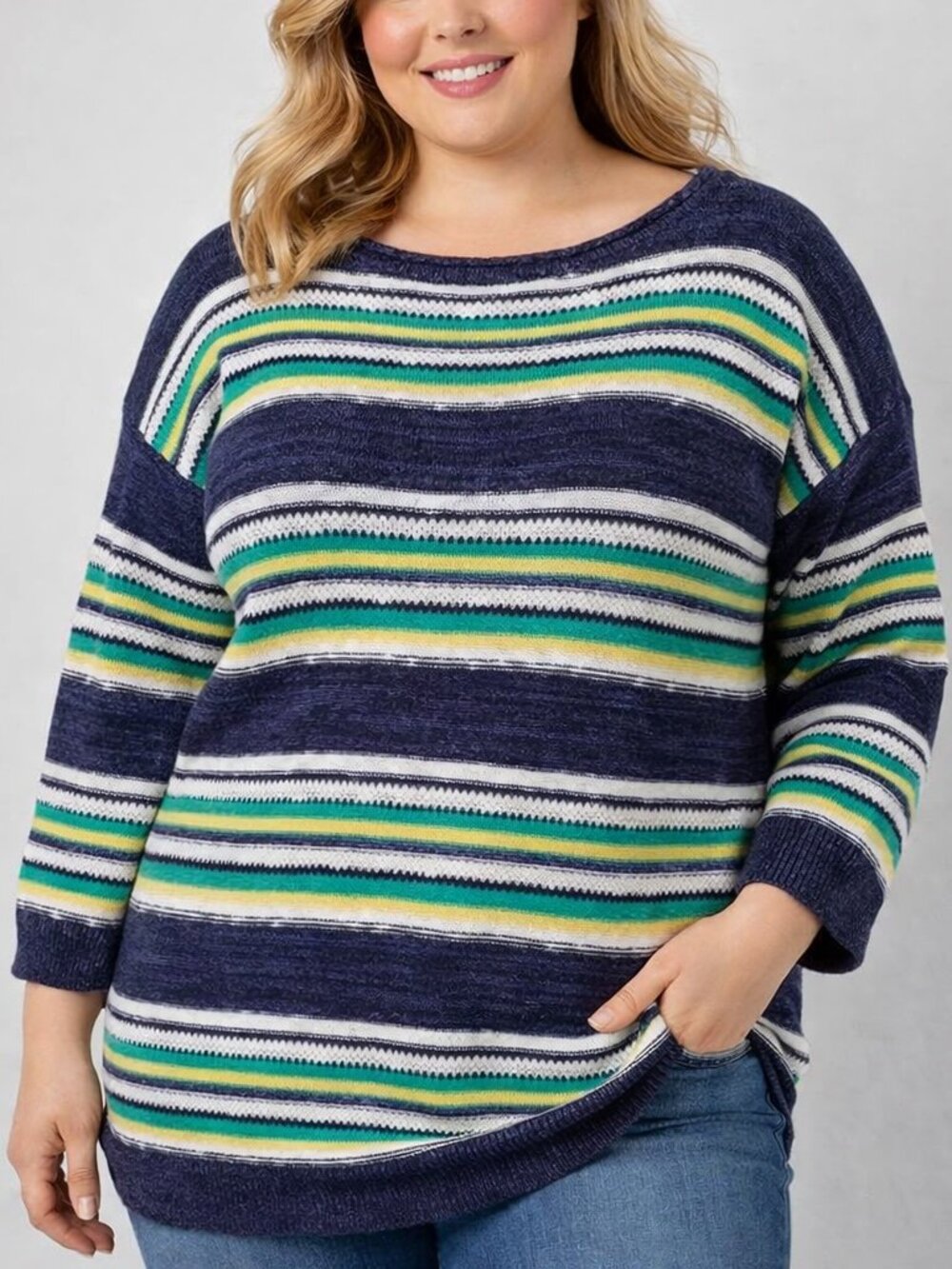 American Living Striped Linen Cotton Roll Neck Sweater Womens XL Blue Coastal